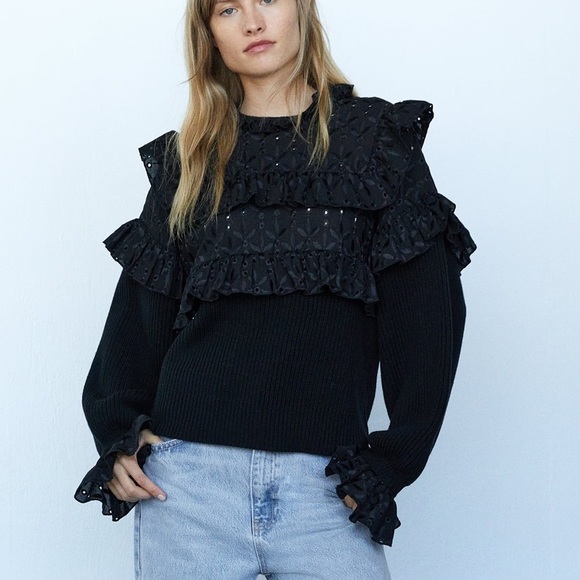 Zara nwt black lace crochet boho bohemian black knitted sweater top - Picture 3 of 7